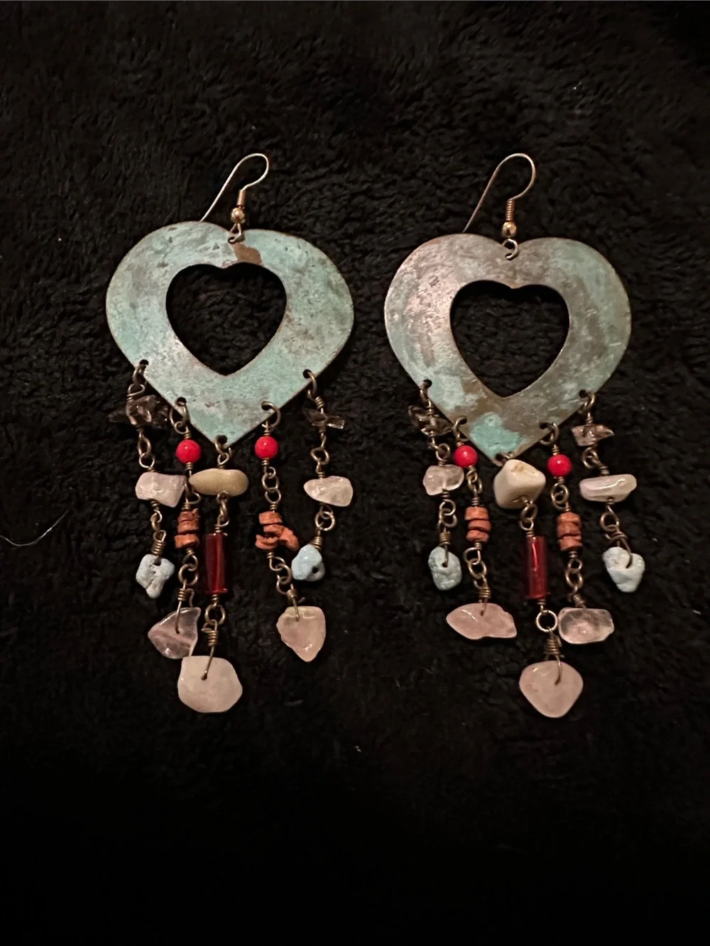 Bohemian Turquoise Patina Heart Dangle Earrings with Mixed Stone Beads